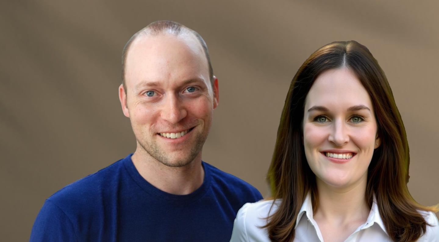 Headshot of a man with a blue sweater alongside a woman with a white button down blouse