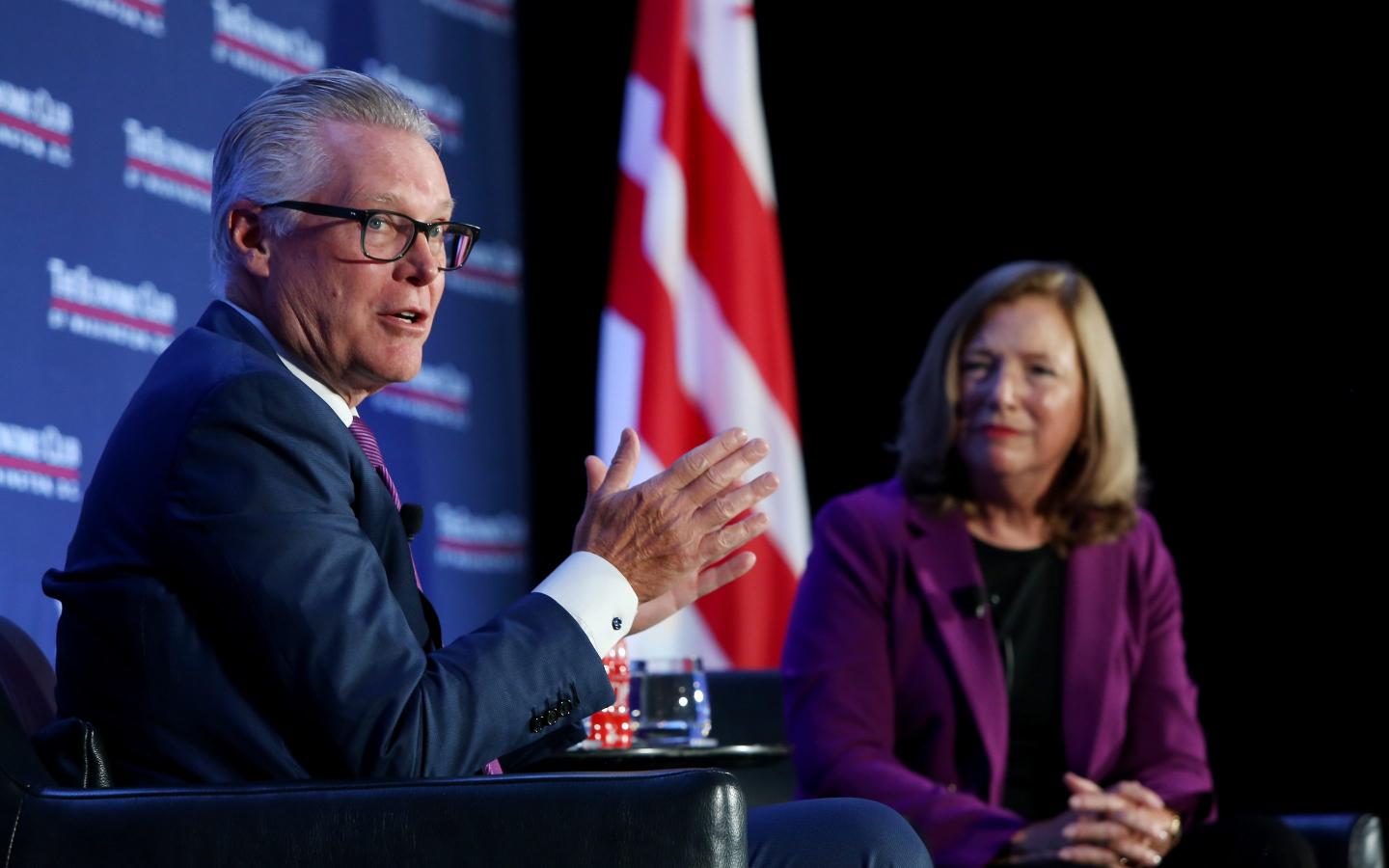 Delta Air Lines CEO Ed Bastian talks with Barbara Humpton, CEO of Siemens USA, at the Economic Club of Washington D.C. luncheon on Sept. 10, 2025. 