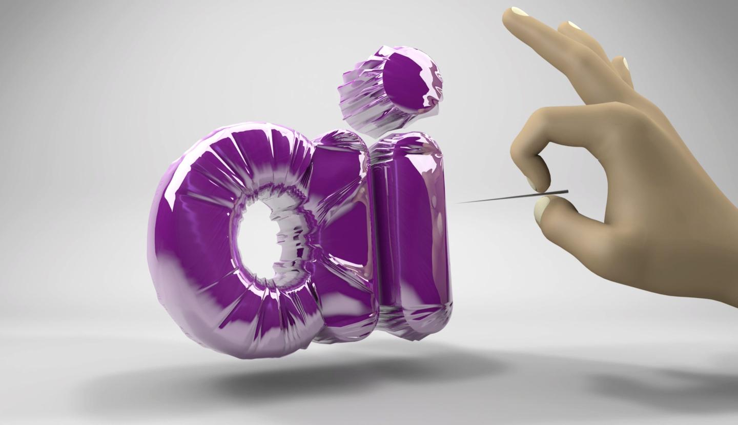 Balloons in the shape of the letters "AI" about to be popped by someone with a pin.