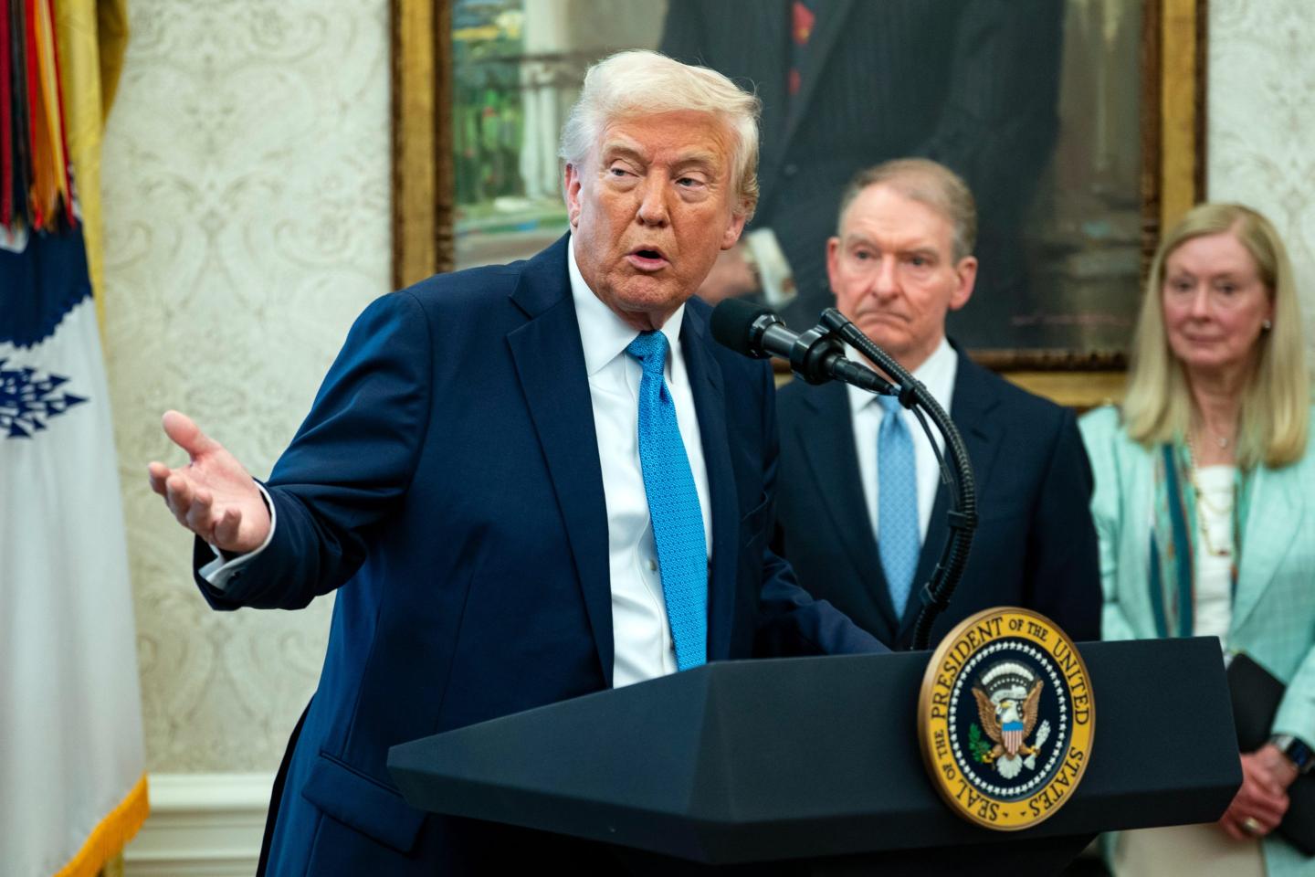 US President Donald Trump speaks during a swearing-in ceremony for Paul Atkins, chairman of the US Securities and Exchange Commission (SEC), in the Oval Office of the White House in Washington, DC, US, on Tuesday, April 22, 2025.