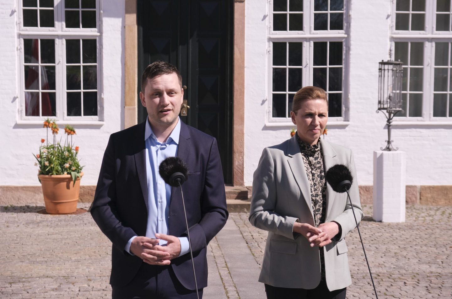 Danish Prime Minister Mette Frederiksen R and Jens-Frederik Nielsen, prime minister of Greenland's self-government, meet the press in Marienborg.