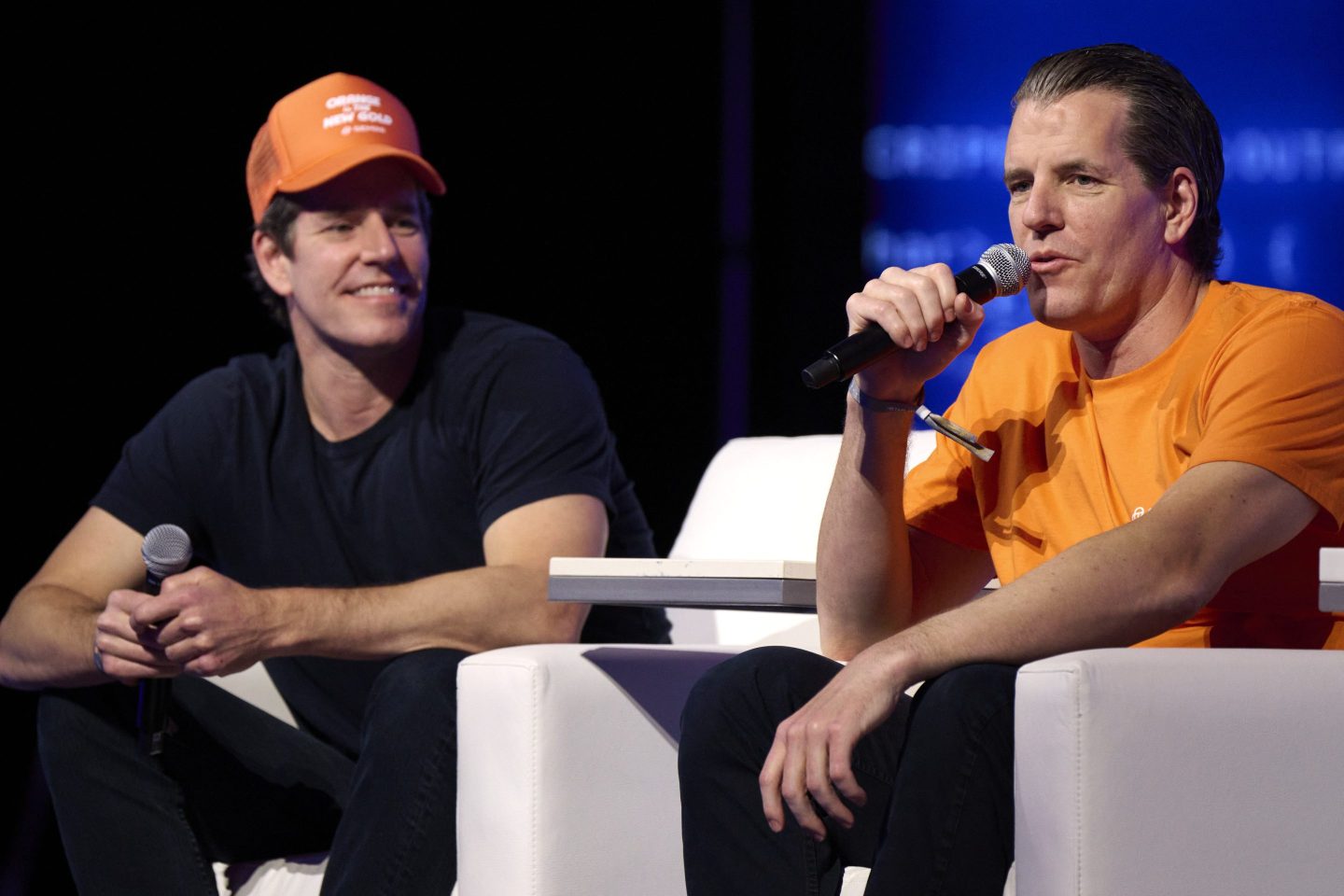 Cameron Winklevoss, co-founder and president of Gemini Trust Co., left, and Tyler Winklevoss, co-founder and chief executive officer of Gemini Trust Co., on stage during the Bitcoin 2025 conference in Las Vegas, Nevada, US, on Tuesday, May 27, 2025. The event will examine Bitcoin&#8217;s evolving global impact with speakers from education, policy, finance, and technology. Photographer: Bridget Bennett/Bloomberg via Getty Images