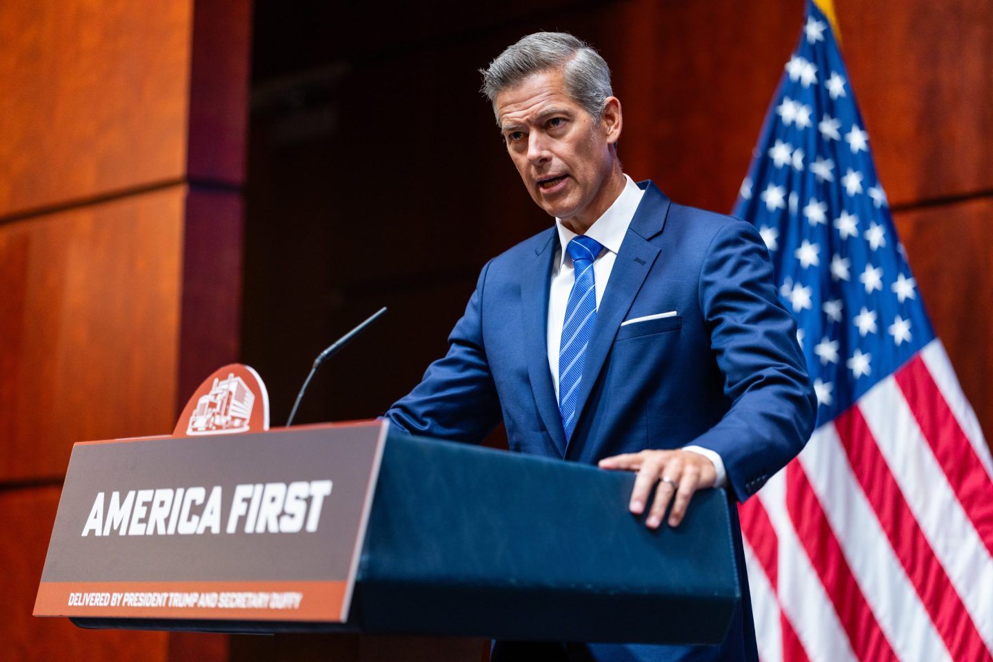 Sean Duffy, US secretary of transportation, speaks during a news conference in Washington, DC, US, on Tuesday, Aug. 26, 2025.