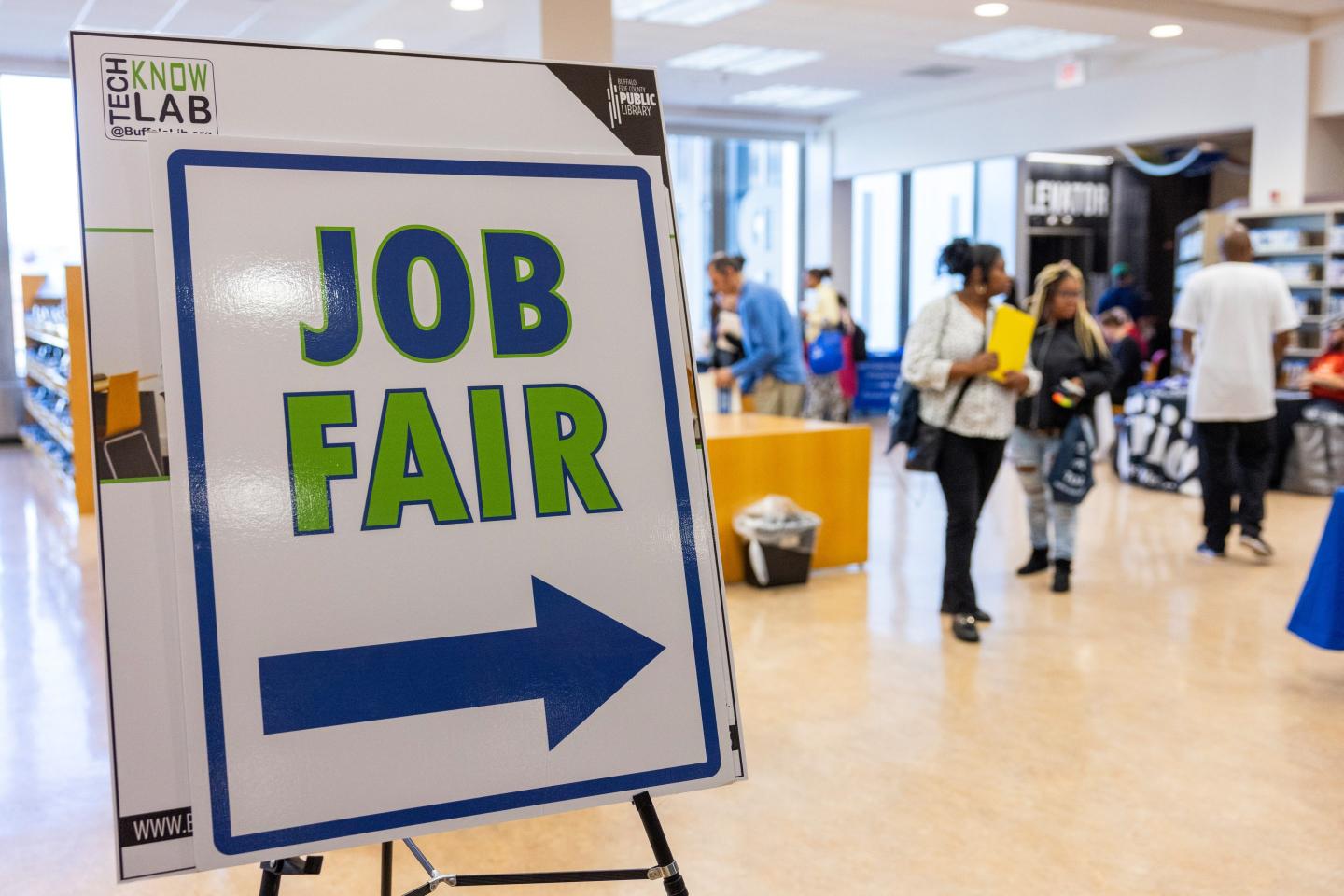 A sign at a NYS Department Of Labor job fair at the Downtown Central Library in Buffalo, New York, US, on Wednesday, Aug. 27, 2025.
