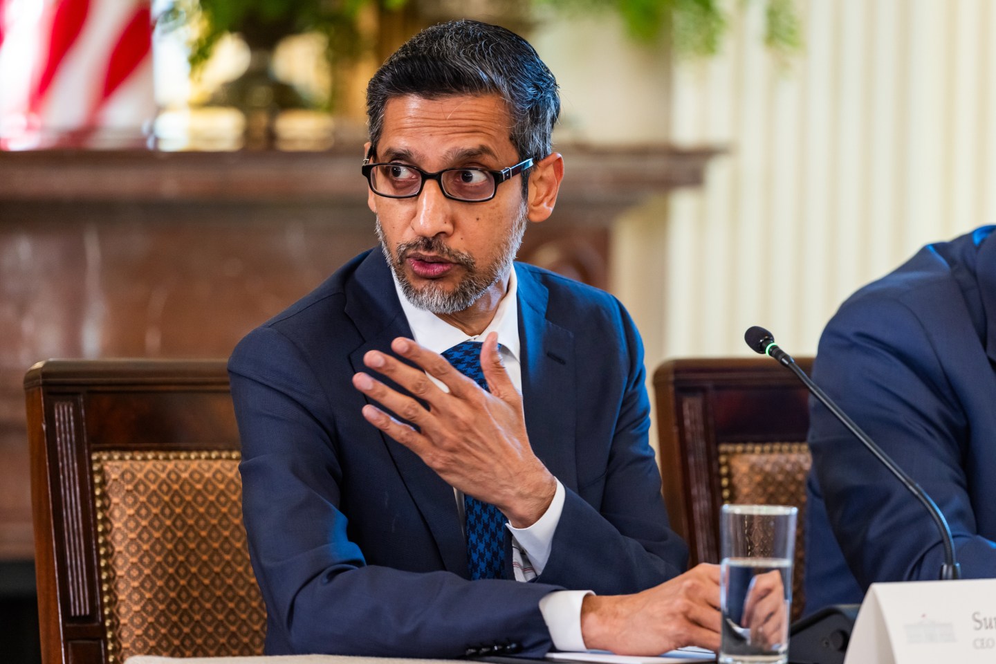 Alphabet CEO Sundar Pichai speaking at a White House dinner.