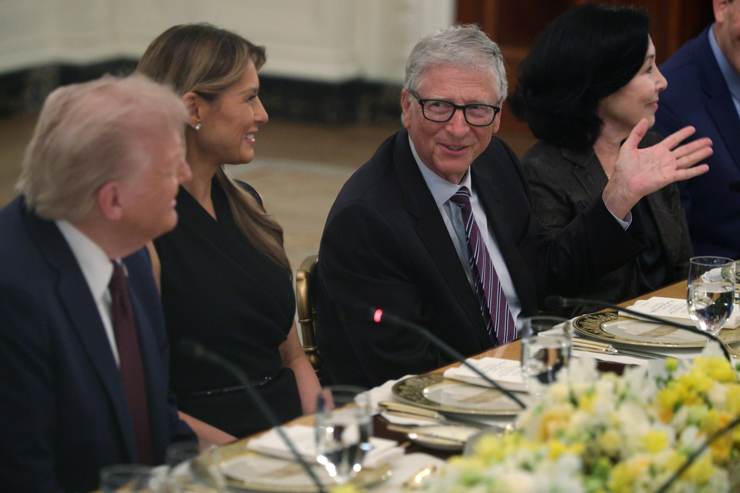 Microsoft Co-Founder Bill Gates speaks during a dinner at the State Dining Room of the White House on September 4, 2025 in Washington, DC. President Donald Trump (L) hosted tech and business leaders for dinner after they joined the first lady Melania Trump’s (2nd L) meeting of the Artificial Intelligence (AI) Education Task Force at the White House this afternoon.