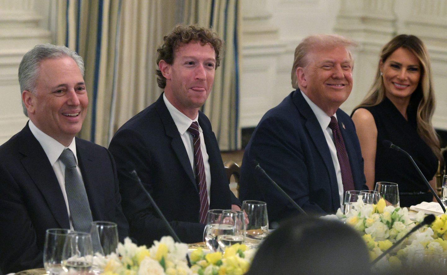 (L-R) White House “AI and Crypto Czar” David Scahs, Meta CEO Mark Zuckerberg, U.S. President Donald Trump and first lady Melania Trump.