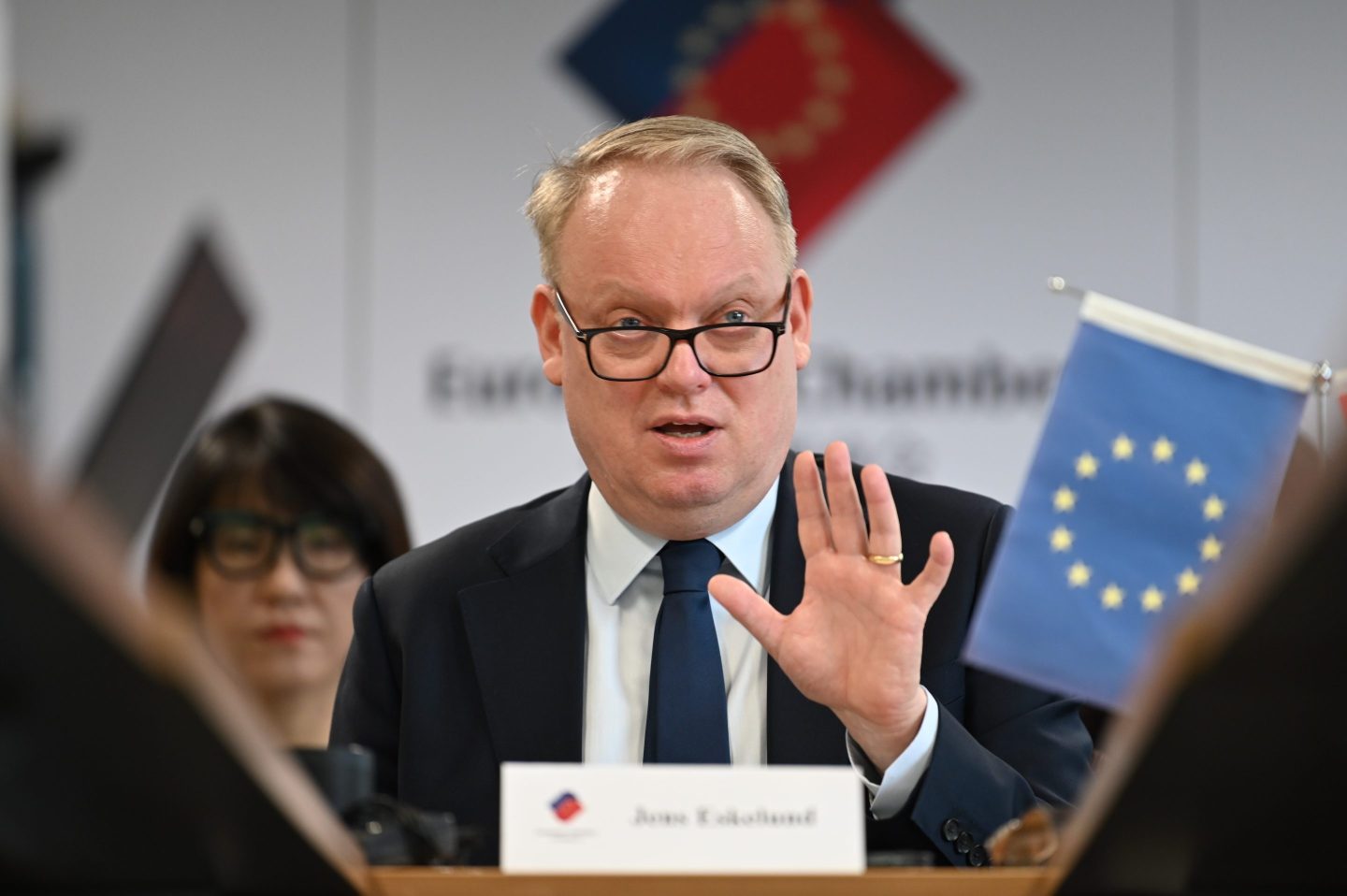 17 September 2025, China, Peking: Jens Eskelund, President of the European Union Chamber of Commerce in China, speaks at a press conference. In its new position paper, the EU Chamber of Commerce has called on the Chinese government to take action in five key areas in order to improve conditions for European companies in the People's Republic. Photo: Johannes Neudecker/dpa/dpa-mag (Photo by Johannes Neudecker/picture alliance via Getty Images)