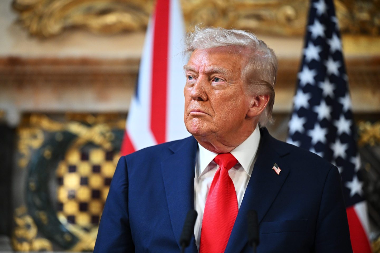 .S. President Donald Trump attends a press conference with UK Prime Minister Keir Starmer (not pictured) at Chequers at the conclusion of a state visit on September 18, 2025 in Aylesbury, England.