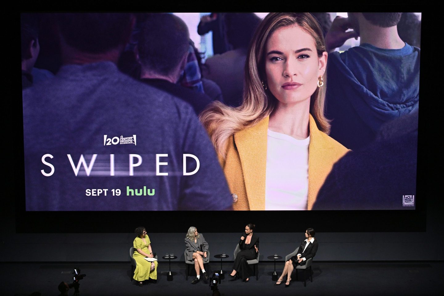 Esther Zuckerman, Rachel Lee Goldenberg, Lily James, and Gala Gordon speak onstage during the New York screening of "Swiped" on September 16, 2025 in New York City.