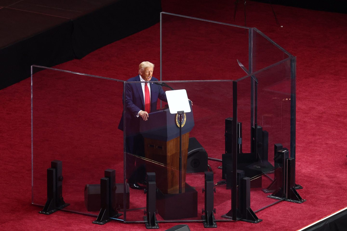 US President Donald Trump speaks during the public memorial service for right-wing activist Charlie Kirk at State Farm Stadium in Glendale, Arizona, on September 21, 2025.