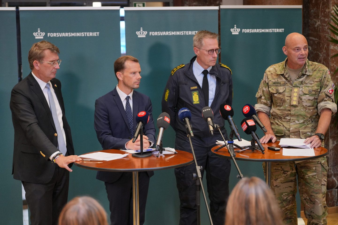 Denmark's Defense Minister Troels Lund Poulsen, Minister of Justice Peter Hummelgaard, National Police Chief Thorkild Fogde and Chief of Defense Michael Hyldgaard hold a press conference Thursday on the recent drone activities at several airports.