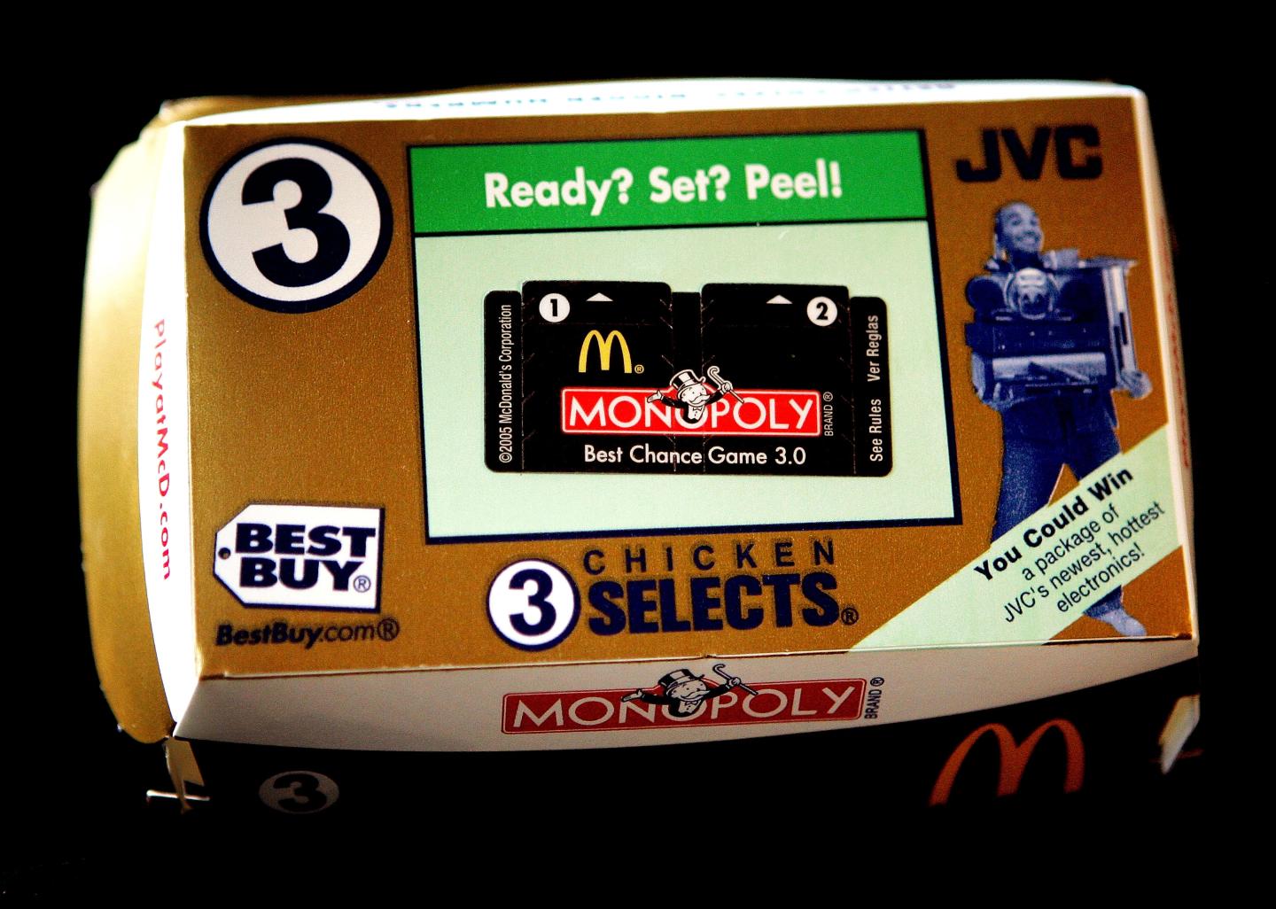A McDonald’s chicken selects package with Monopoly game tickets