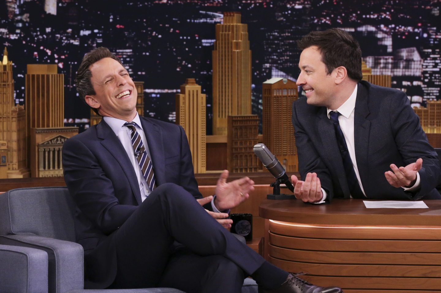 "Late Night" host Seth Meyers during an interview with host Jimmy Fallon on February 8, 2017.