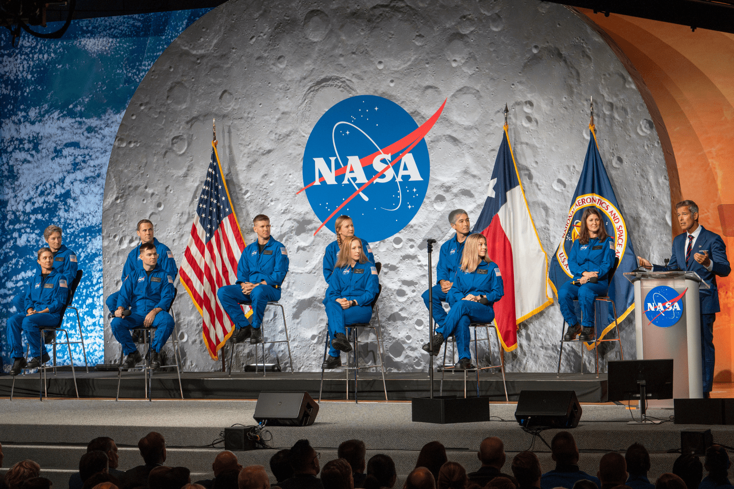 NASA Administrator Sean Duffy, right, makes comments as the Astronaut candidate class of 2025 is introduced during a ceremony at the NASA Johnson Space Center in Houston, Monday, Sept. 22, 2025.