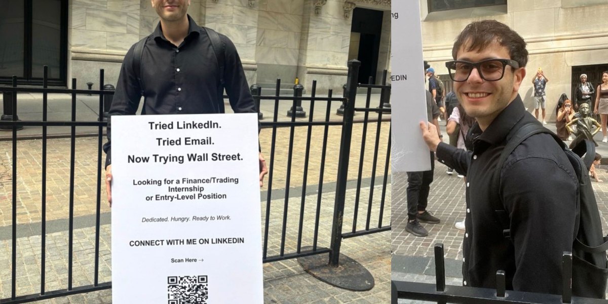 Gen Z grad sent out over 1,000 job applications-when he didn't hear anything back, he carried a sign around Wall Street begging for a job instead | Fortune