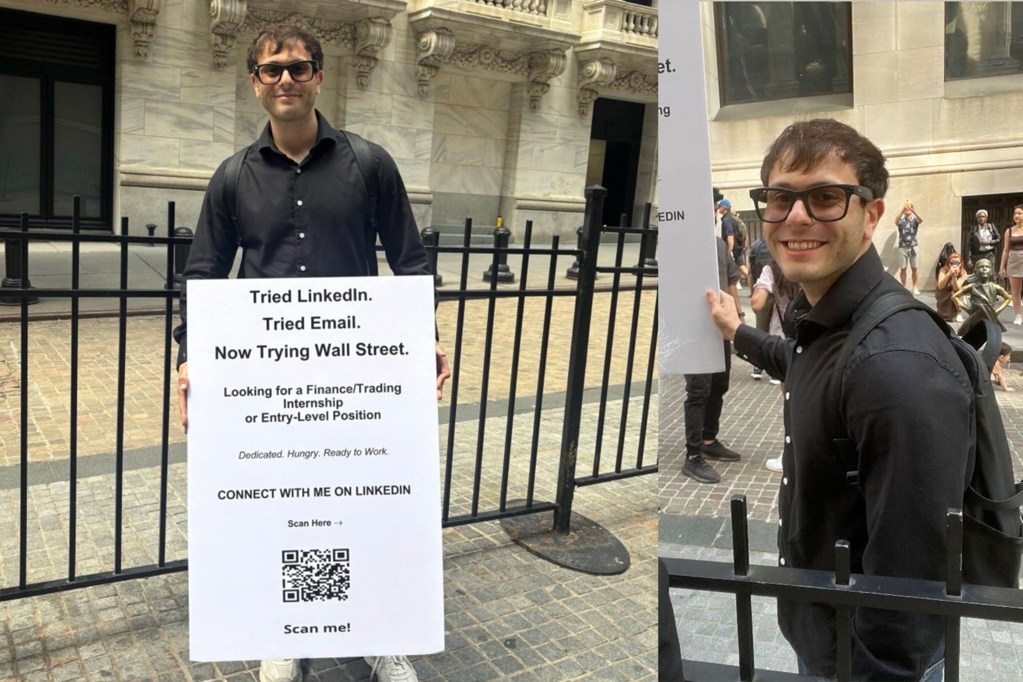 Gen Z grad sent out over 1,000 job applications—when he didn’t hear anything back, he carried a sign around Wall Street begging for a job instead
