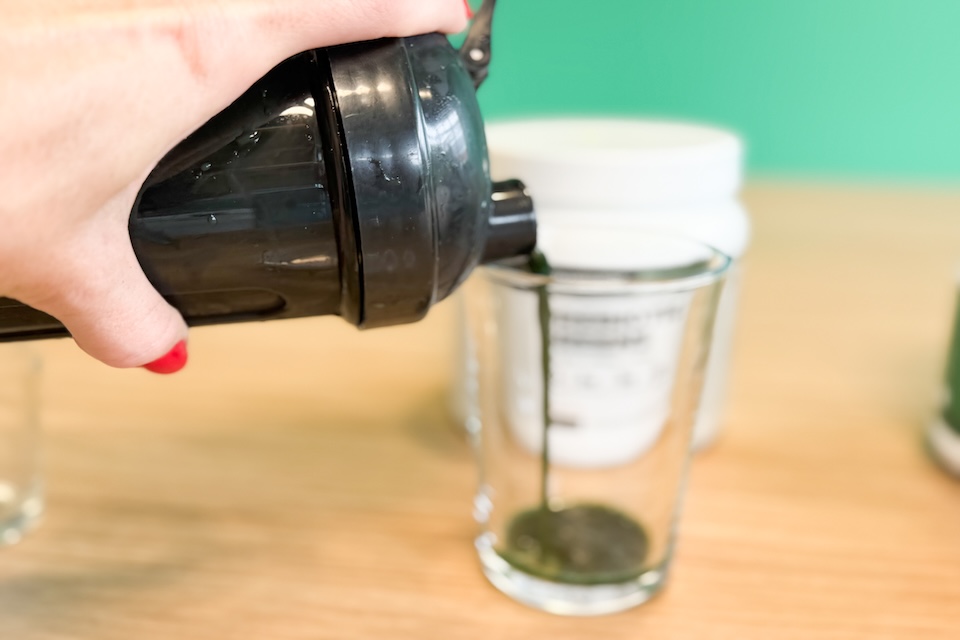 Our tester pours a greens drink