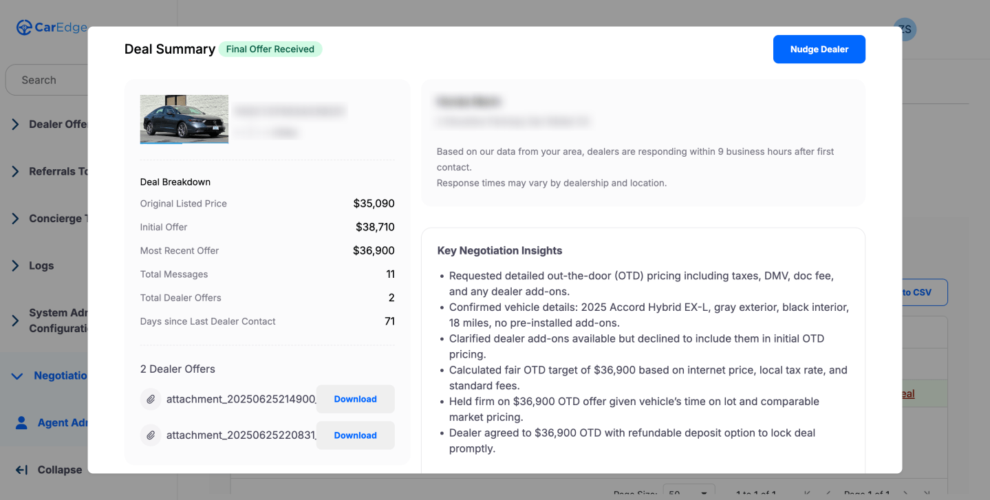 A screenshot showing CarEdge's AI at work
