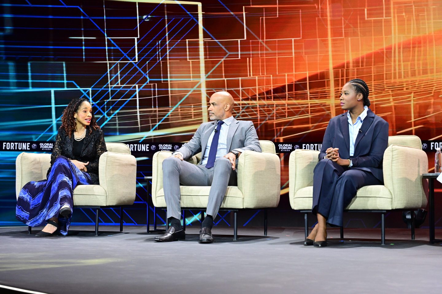 Ndidi Okonkwo Nwuneli, CEO of One Campaign; Boris Kodjoe, Cofounder of Full Circle Africa; and  Kate Kallot, founder and CEO of Amini, at the Fortune Global Forum in Riyadh, Saudi Arabia, on Sunday.