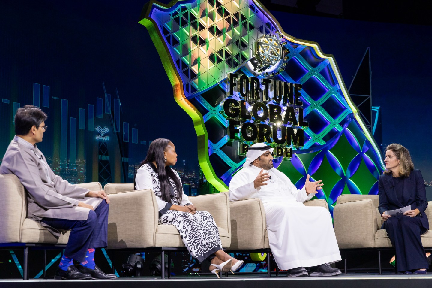 Mohammed Aldossary, Founder, SILQ, Mpumi Madisa, Chief Executive Officer, Bidvest Group and  Lutfey Siddiqi, Special Envoy for International Affairs, Interim Government of Bangladesh speak at the Fortune Global Forum in Riyadh, Saudi Arabia on Sunday.