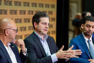 Jose La Loggia, EMEA group president for the HVAC giant Trane Technologies, speaks at the Fortune Global Forum in Riyadh about the transition for cleaner and more affordable energy. He spoke on a panel with Lucid Motors Middle East President Faisal Sultan, left, and Gemini Corp. CEO Kunaal Patawari, right.