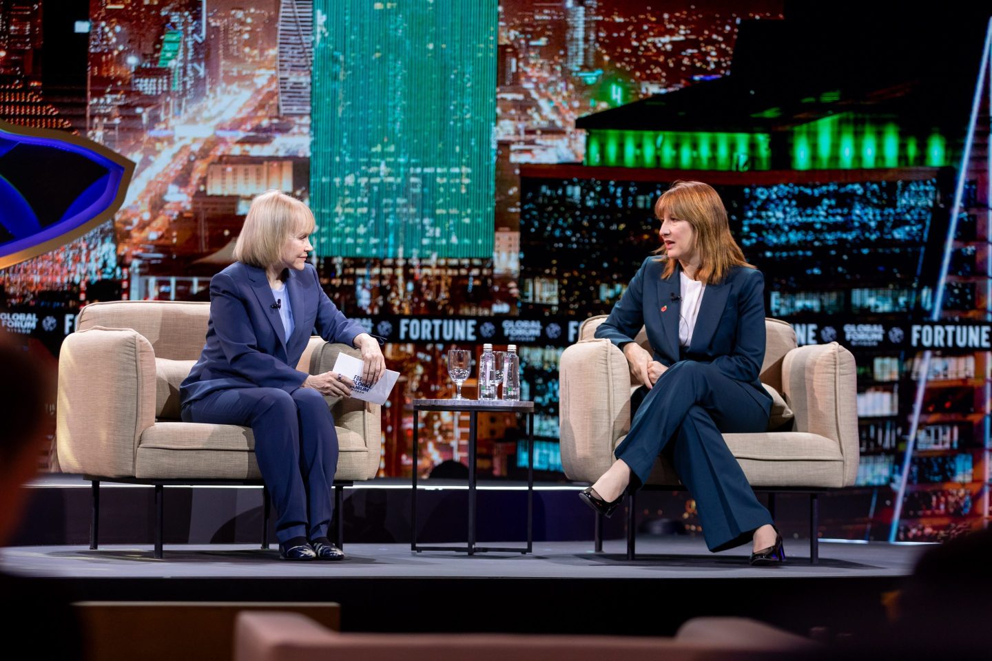 Chancellor of the Exchequer Rachel Reeves (R) on stage at Fortune Global Forum in Riyadh.