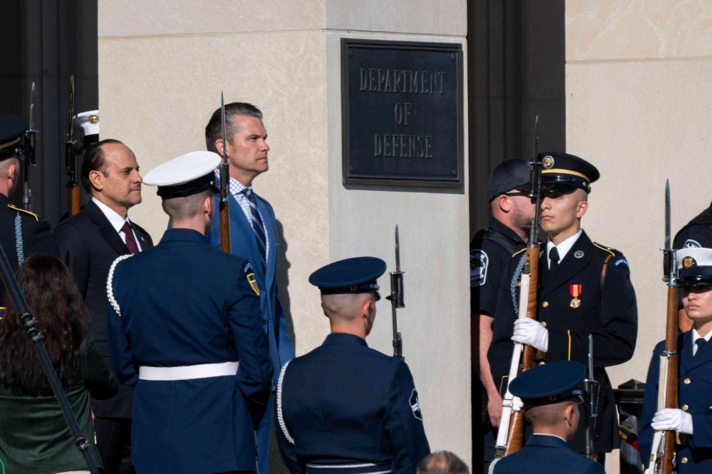 Defense Secretary Pete Hegseth welcomes Qatar Minister of Defense Sheikh Saoud Al Thani to the Pentagon on Friday.