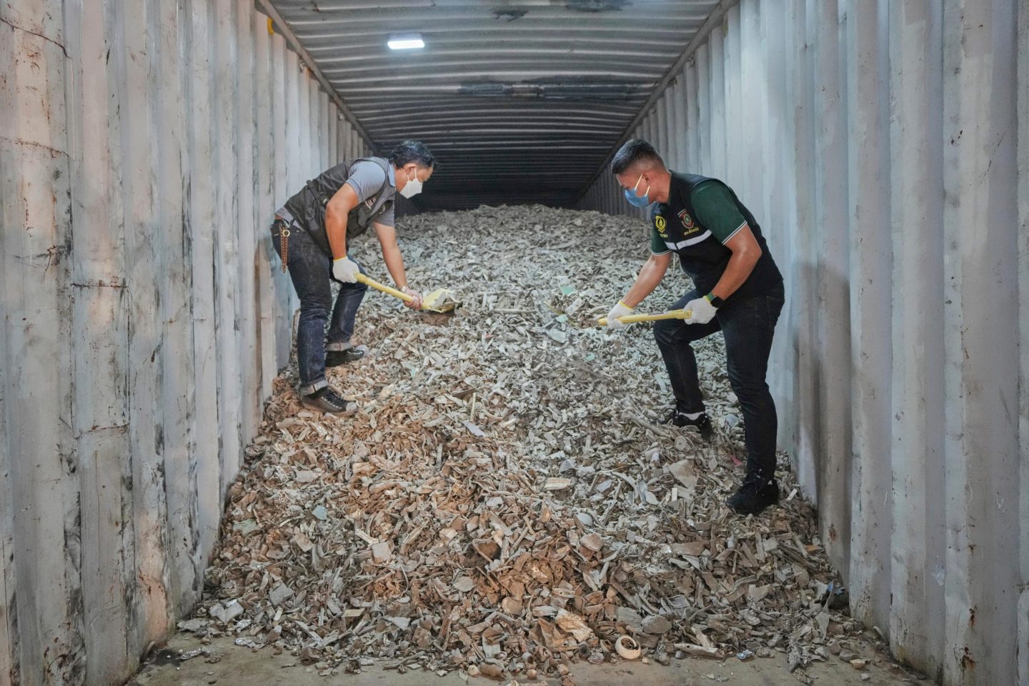 Thai officials show samples of illegally imported electronic waste from the United States which they said they seized at Bangkok Port during a press conference in Bangkok, Thailand, May 14, 2025.