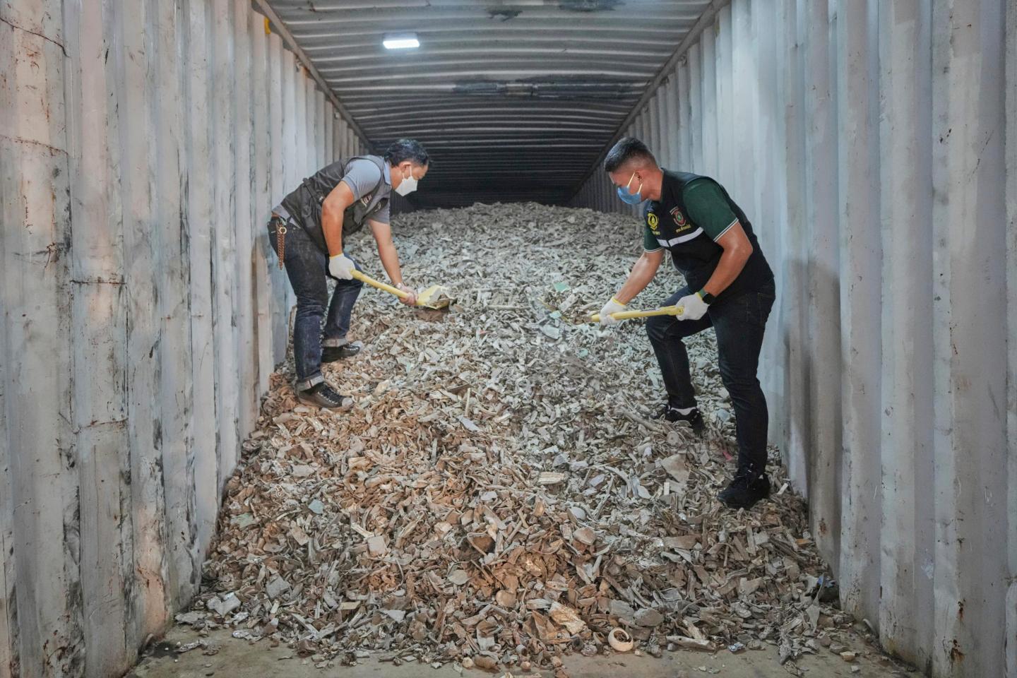 Thai officials show samples of illegally imported electronic waste from the United States which they said they seized at Bangkok Port during a press conference in Bangkok, Thailand, May 14, 2025.