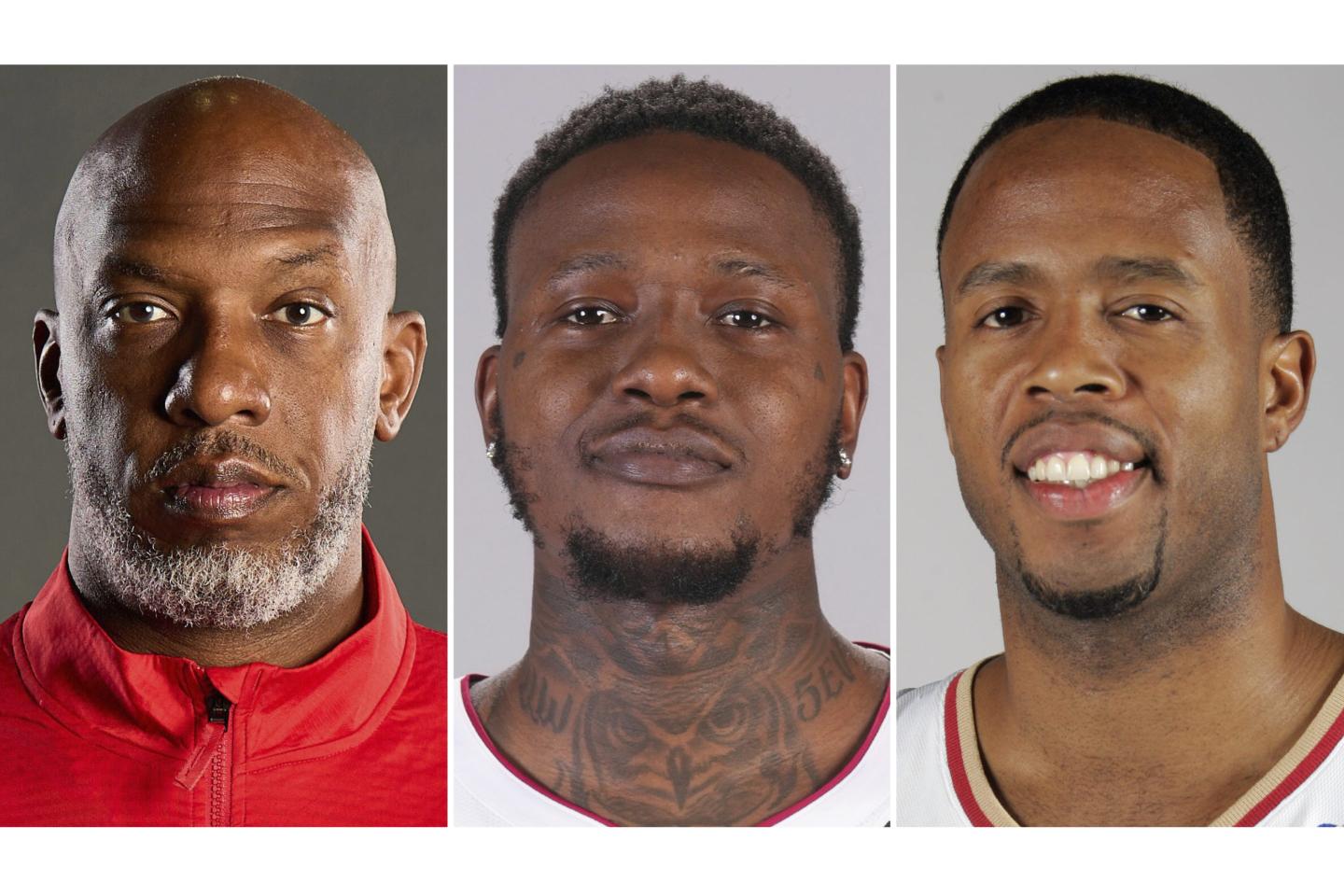 From left, Portland Trail Blazers head coach Chauncey Billups, Miami Heat guard Terry Rozier and former Cleveland Cavaliers' Damon Jones.