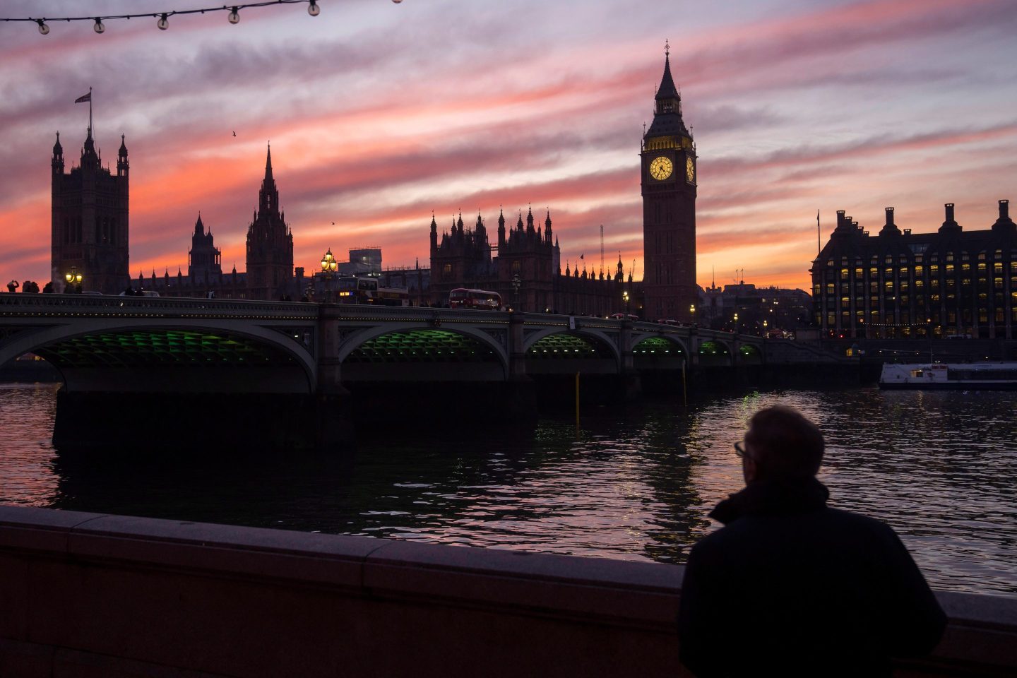 The south bank of the River Thames backdropped by Big Ben and Parliament in London.