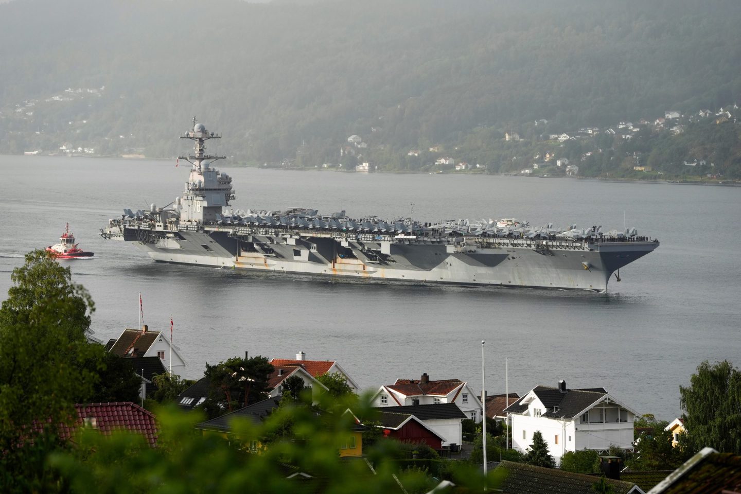 The American aircraft carrier USS Gerald R. Ford, on its way into the Oslofjord, at Drobak in Norway, Sept. 12, 2025.
