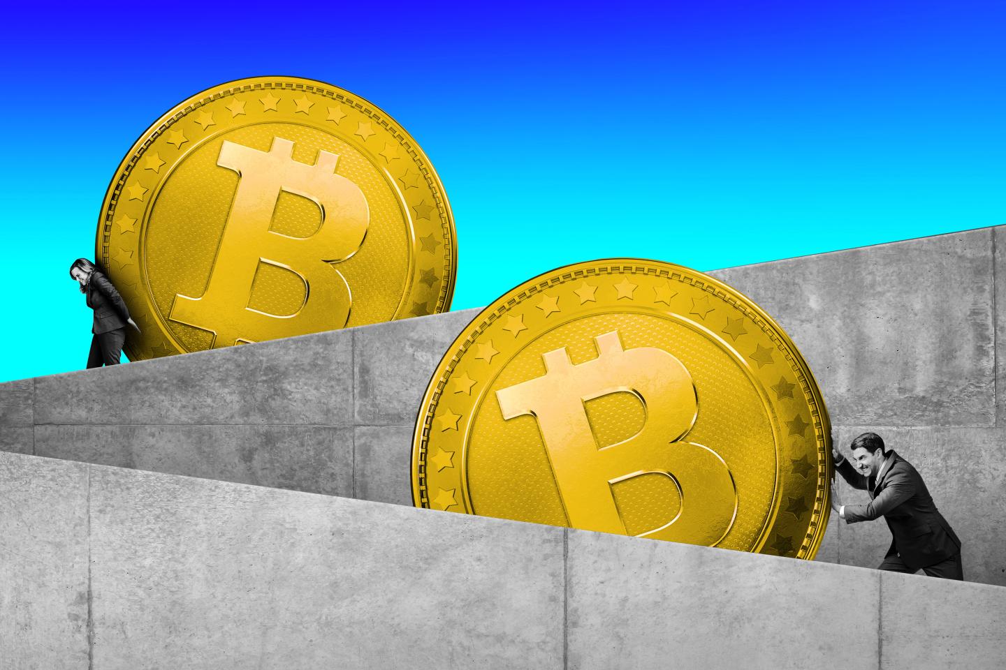 Two people pushing up the two coins with the Bitcoin logo.