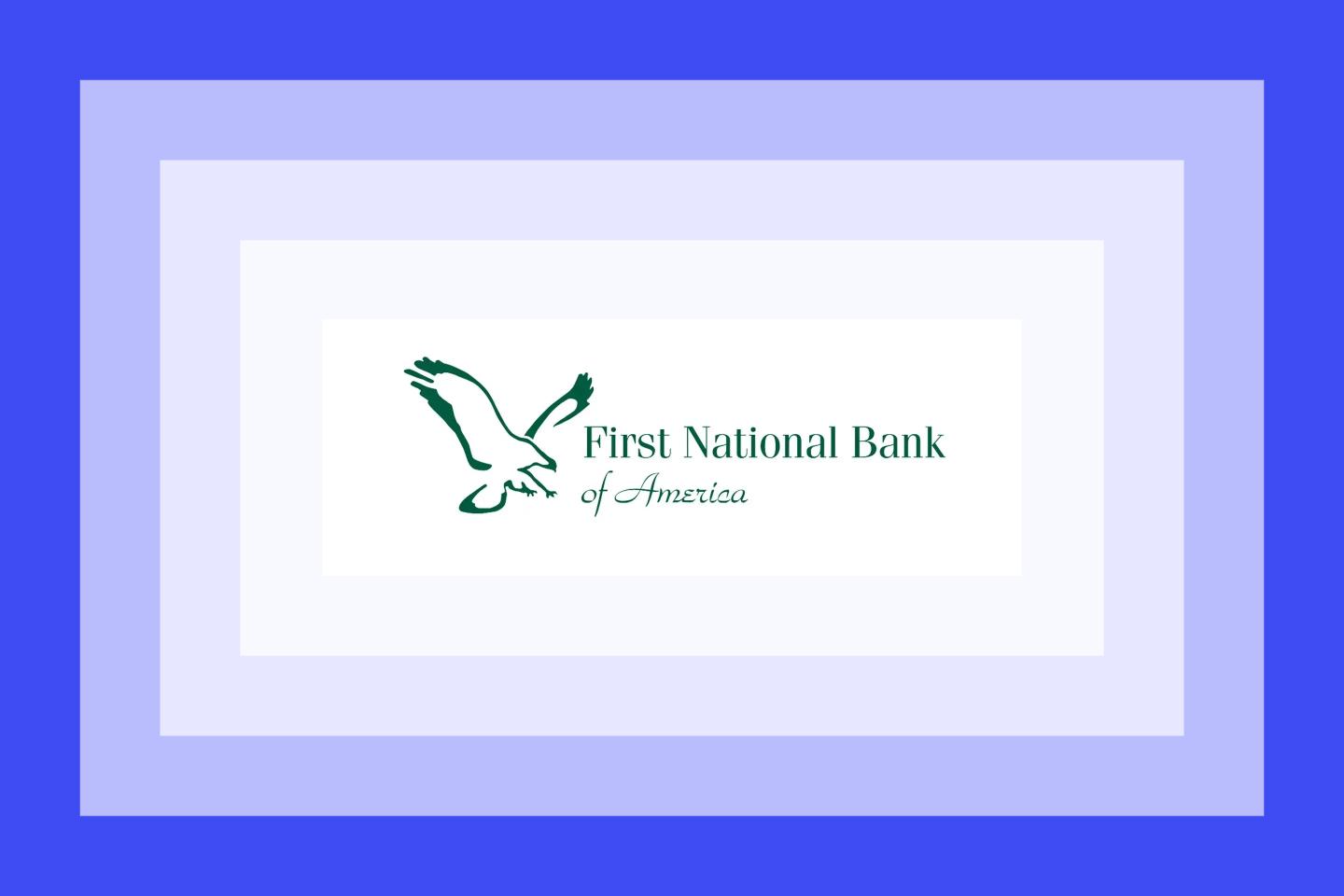 The First National Bank of America logo on a blue and purple layered background.