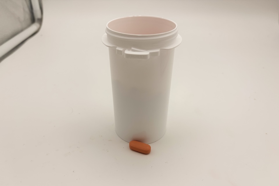 A white bottle of Wisp Prenatal Vitamins, with one of the capsules sitting next to it.