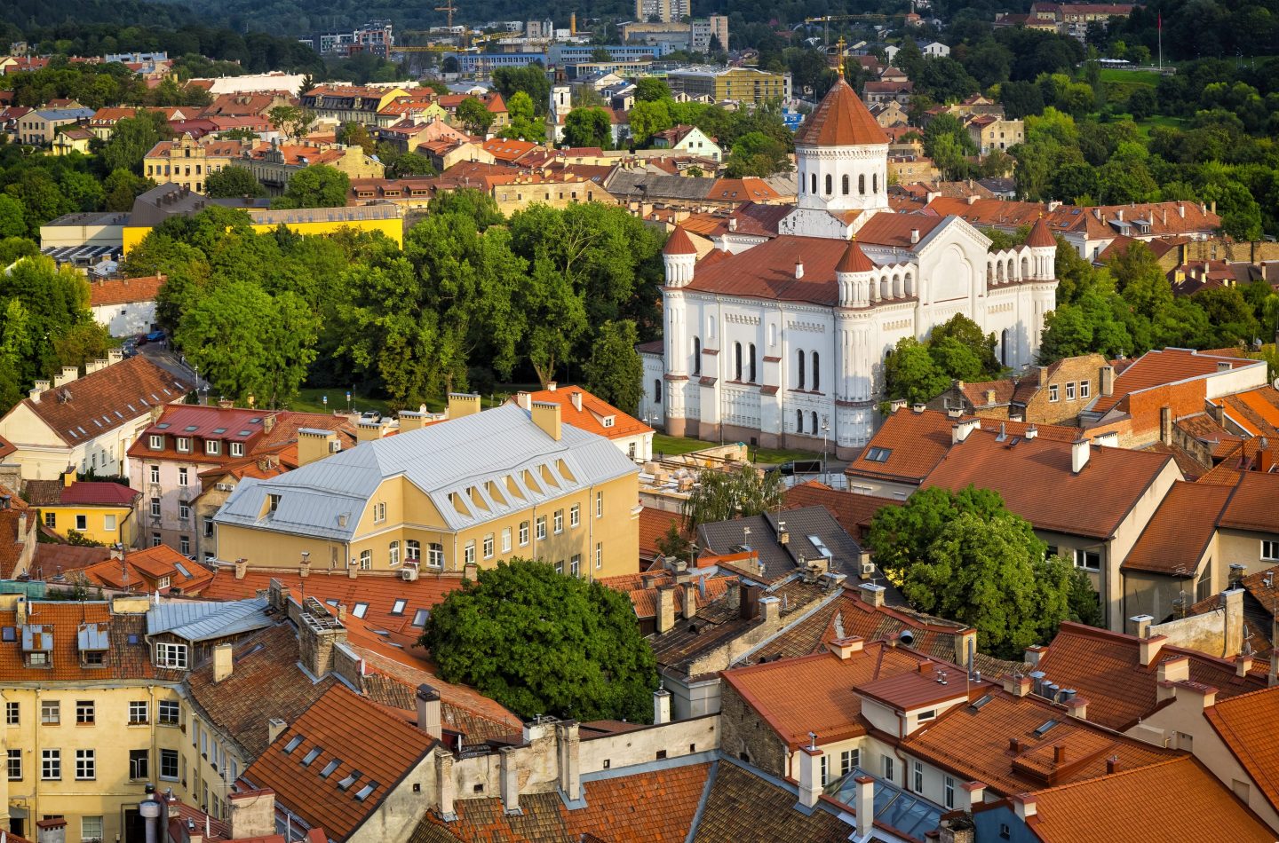 Aerial view of the old town in Vilnius with Cathedral of the Theotokos, Lithuania
