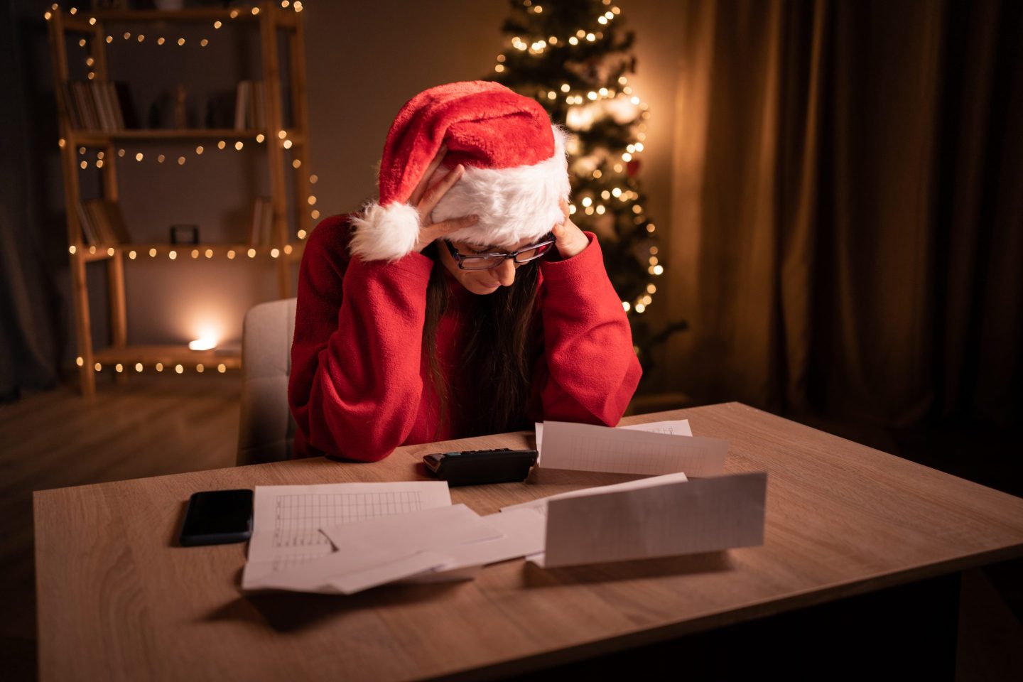 Sad woman holding her head over utility bills in Christmas eve. Worried dissatisfied woman holding her head and calculating a high cost of services. rising prices for heating, gas, electricity concept