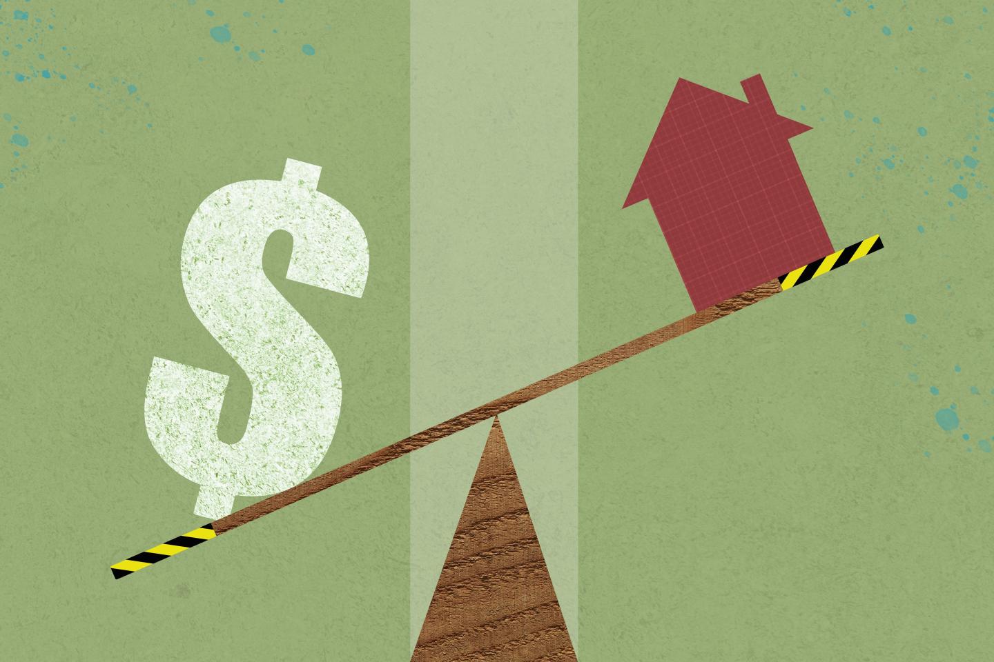A seesaw with a money symbol and a house.