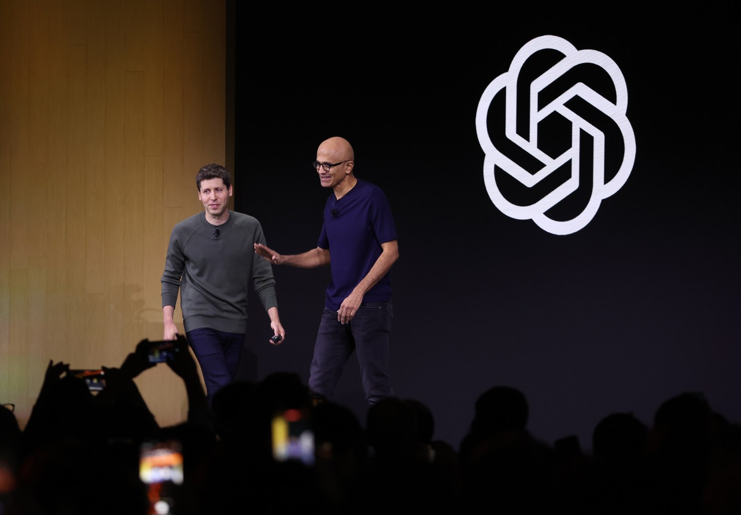 Sam Altman and Satya Nadella on stage together.