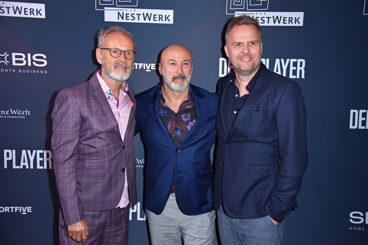 Reinhold Beckmann, Christian Tötzke, CEO Upsolut und Hyrox, and Marco Klewenhagen, CEO Spobis, during the SPOBIS for NestWerk" by Reinhold Beckmann charity event at Restaurant "Der Player"on January 30, 2024 in Hamburg, Germany.