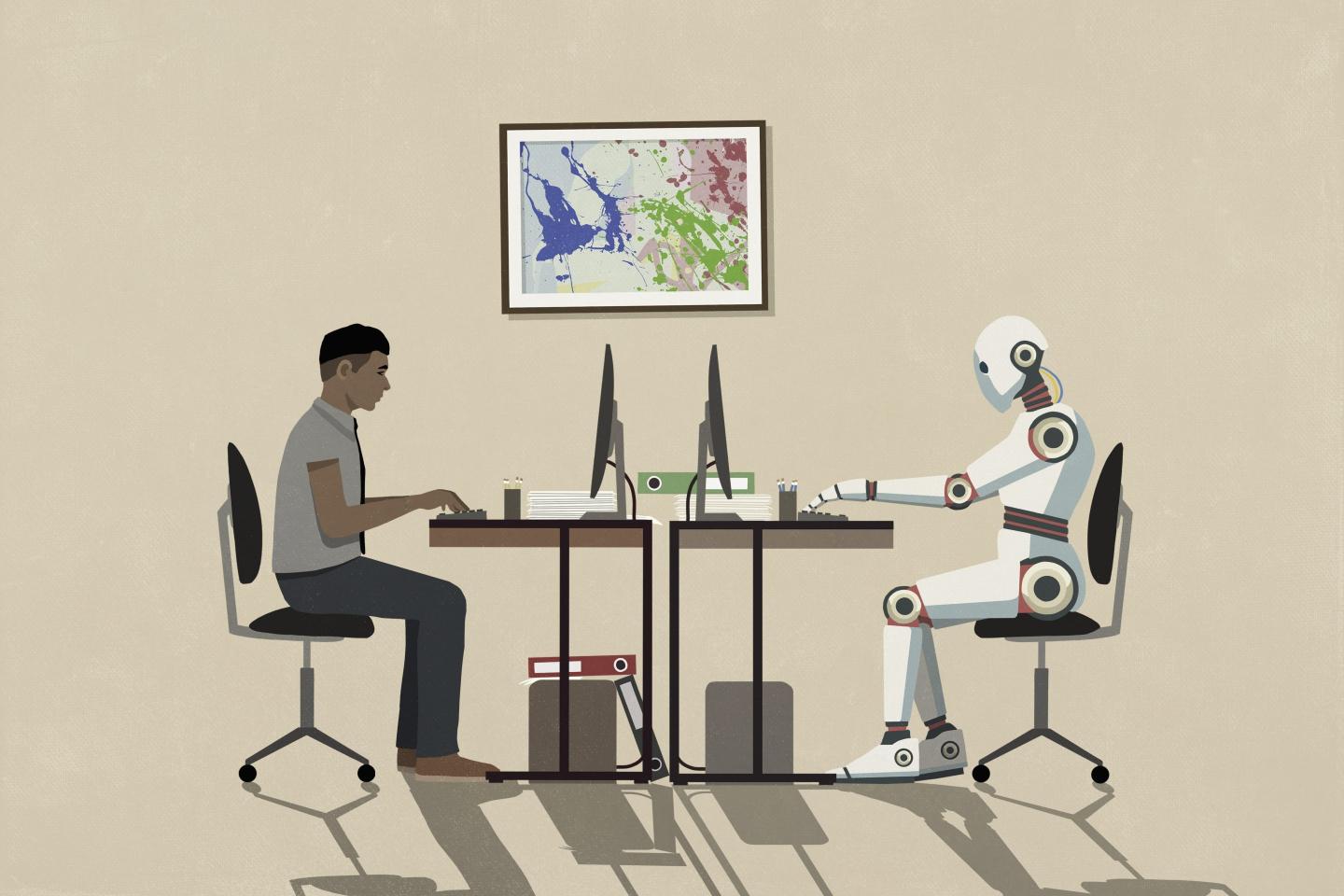An illustration of a human and a robot sitting in front of computers working.