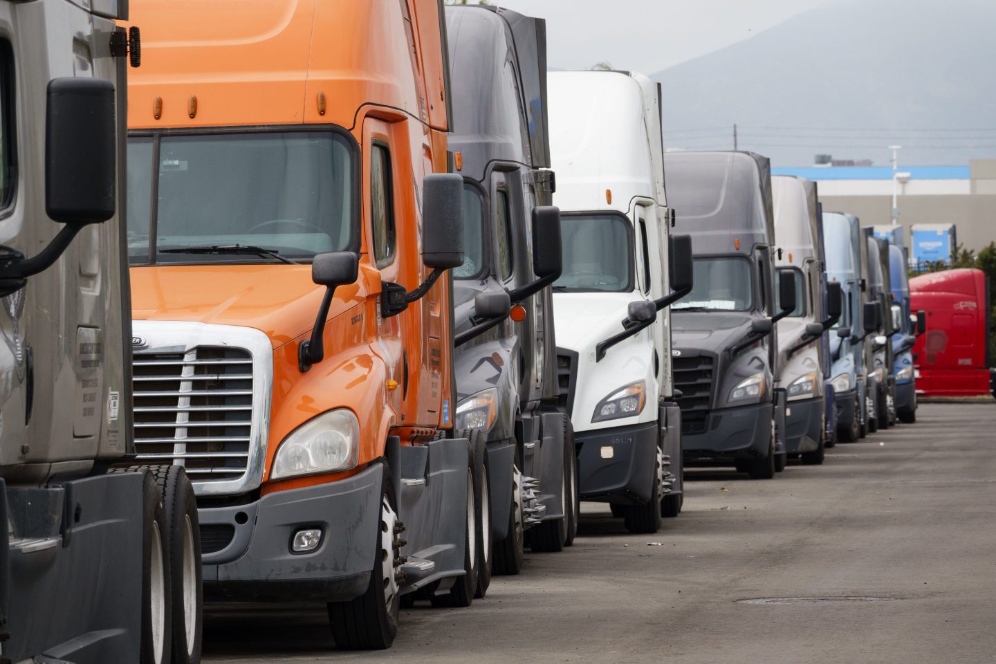 Trucks parked near the Otay Mesa Port of Entry in San Diego, California, on May 3.