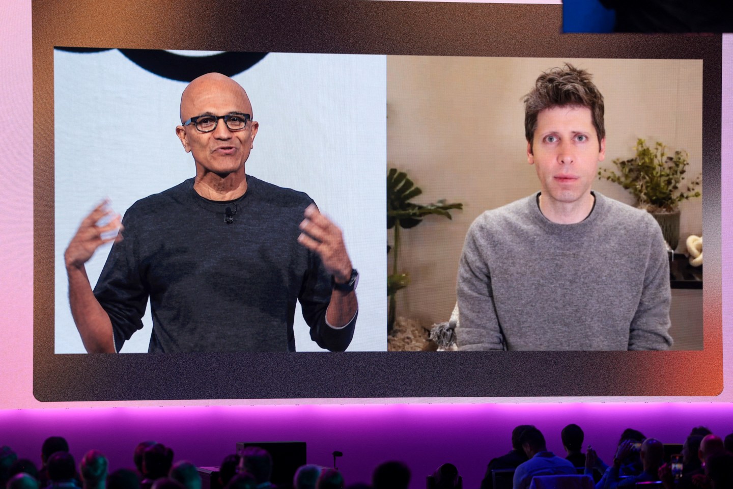 Sam Altman and Satya Nadella on a split screen.