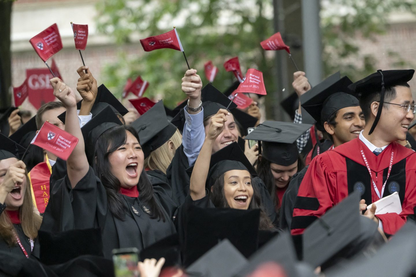 Students cheer during the 374th Harvard Commencement in Harvard Yard in Cambridge, Massachusetts, on May 29, 2025.