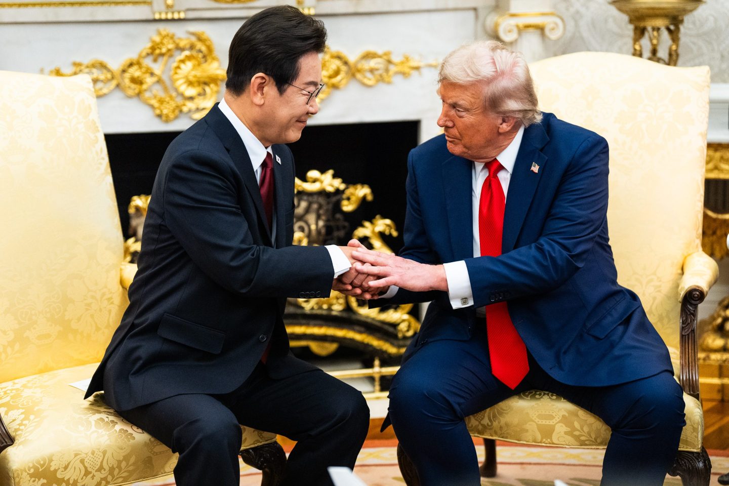 US President Donald Trump shakes hands with President of South Korea Lee Jae Myung in the Oval Office of the White House on Monday August 25, 2025.