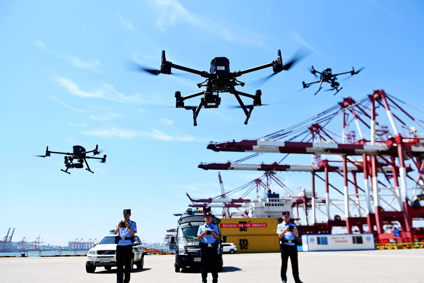 A joint law enforcement operation uses a drone swarm for inspection in Qingdao, Shandong Province, China, on August 26, 2025.