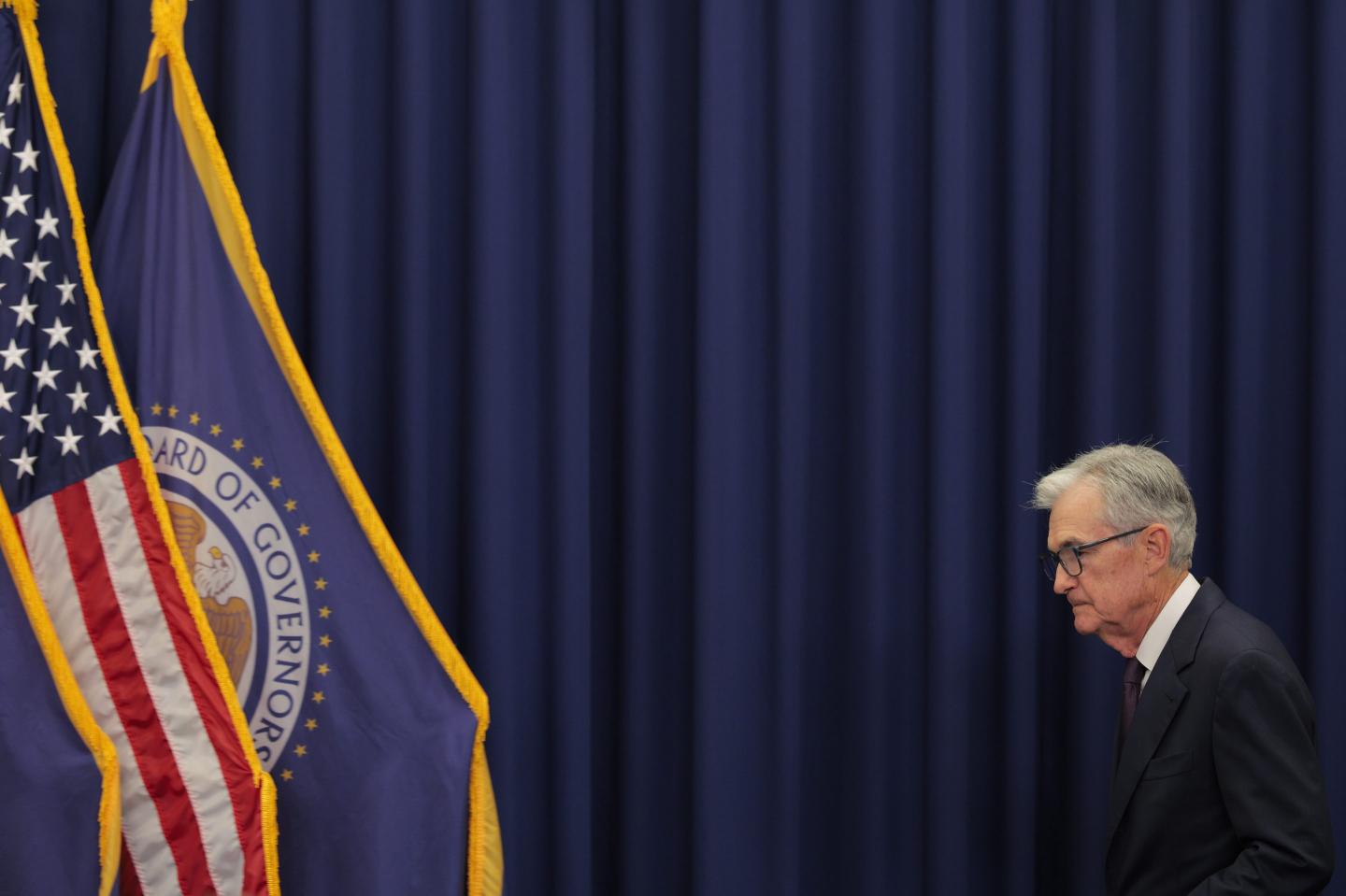 Federal Reserve Chair Jerome Powell arrives to speak during a news conference following a two-day meeting of the Federal Open Market Committee at the Federal Reserve on September 17, 2025 in Washington, DC.