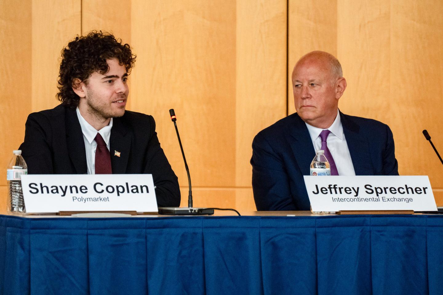 Shayne Coplan, founder and CEO of Polymarket, with Jeffrey Sprecher, chairman and CEO of Intercontinental Exchange.