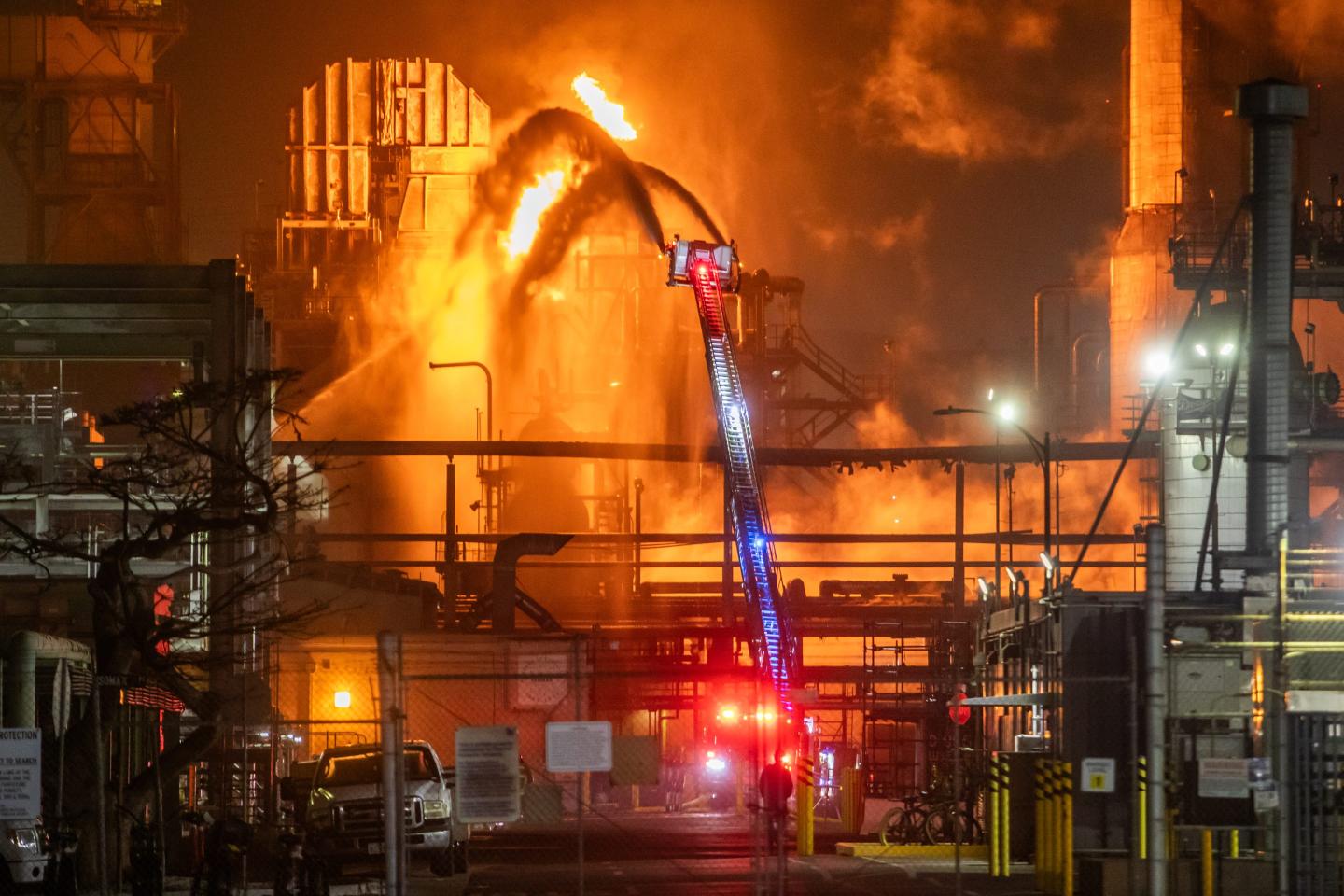 A fire burns Oct. 3 at Chevron El Segundo refinery outside of Los Angeles. A big explosion late on Oct. 2 produced a large orange blaze that could be seen from miles away from the refinery.